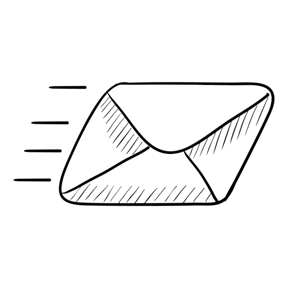 Hand-drawn envelope icon with motion lines indicating fast delivery or sending, sketched in black and white with diagonal shading