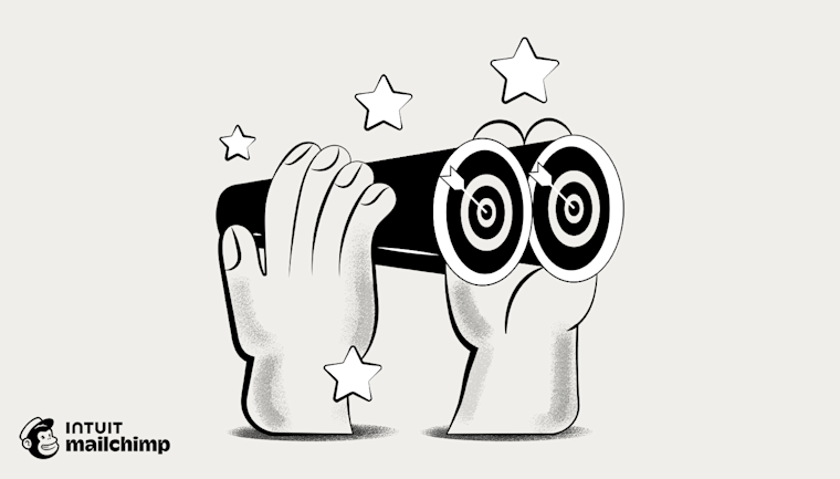 Black and white illustration of cartoon hands holding binoculars with hypnotic spiral lenses, surrounded by stars