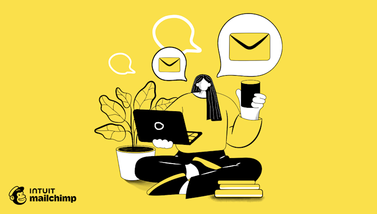 Illustration of person in yellow sweater sitting cross-legged with laptop, coffee cup, and email icons floating above on yellow background